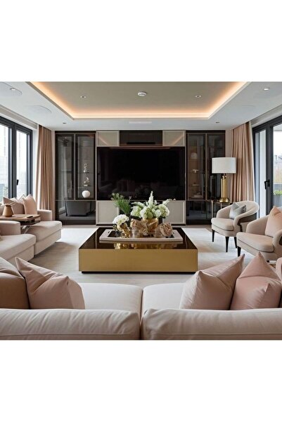 LUXURY VİLLA Luxury Gold Aynalı Tekerlekli Orta Sehpa 90x90 Yükseklik 30cm