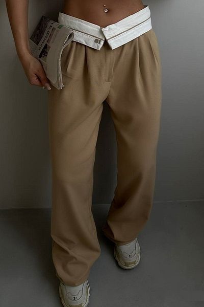 lovebox Women's Light Beige Waist Fold Palazzo Pants 23S01008