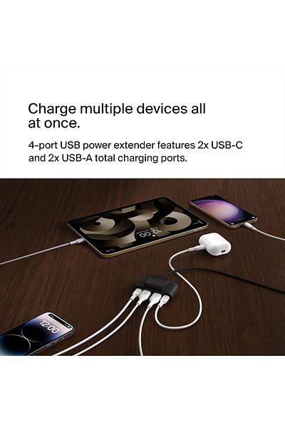 Belkin 4-Port USB Power Extender, 2m Cable, 2 USB-C & 2 USB-A Ports, 30W Fast Charger for iPhone 14, S23