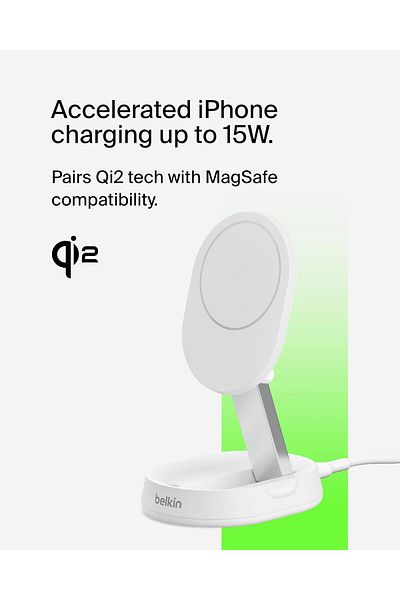 Belkin BoostCharge Pro 15W Convertible MagSafe & Qi2 Fast Charger Stand, 20W PSU, for iPhone 15 - White