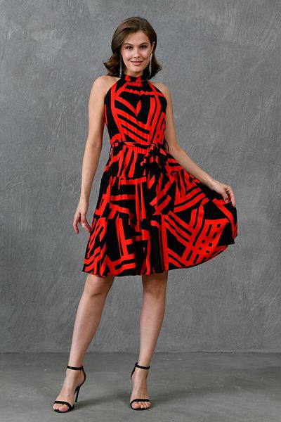 lovebox Red Striped Belted Elastic Waist Round Neck Summer Dress - Flared Cut 2041