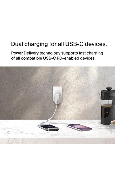 Belkin BoostCharge 60W Dual USB-C PPS Charger for iPhone 15, iPad, Galaxy, Pixel, MacBook - White