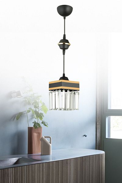 KARDELEN AYDINLATMA AVİZE Black Pendant Lamp Single Crystal Stone Square Downward Facing Luxury Chandelier with Yellow Stripe