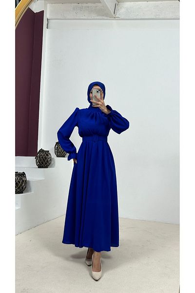 Swana Belt Detailed Crepe Fabric Hijab Dress-sake