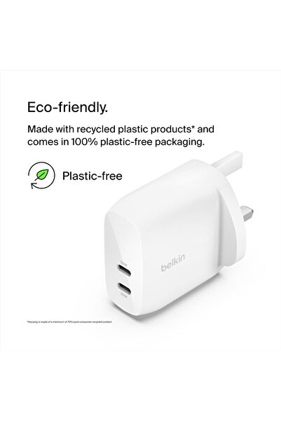 Belkin BoostCharge 60W Dual USB-C PPS Charger for iPhone 15, iPad, Galaxy, Pixel, MacBook - White