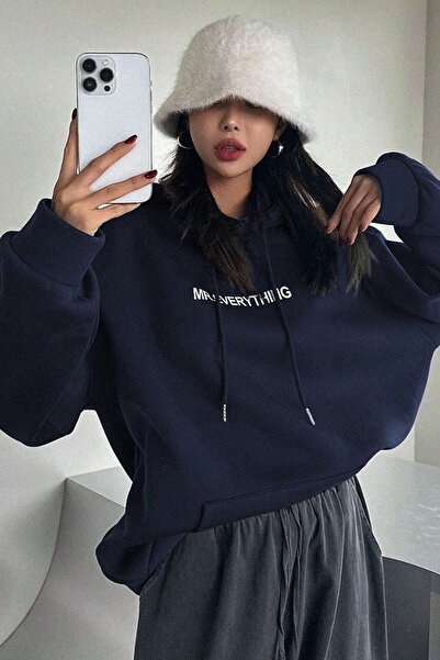 MODAGEN Uniszex sötétkék kapucnis oversize hátoldalon nyomott pulóver