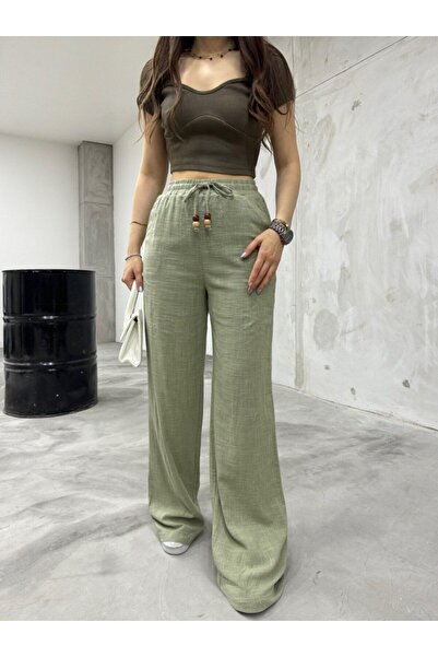 BİKELİFE Women's Linen Waist Elastic Lined Wide Cut Pants