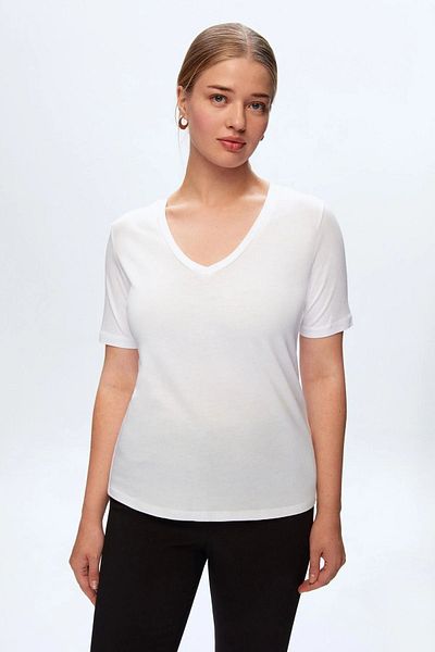 Modark Tricou de bază alb cu decolteu în V pentru femei