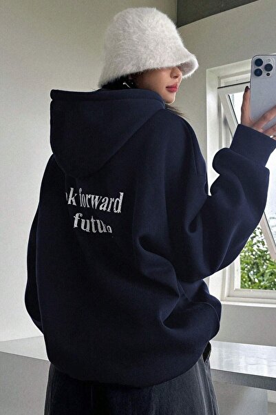 MODAGEN Uniszex sötétkék kapucnis oversize hátoldalon nyomott pulóver