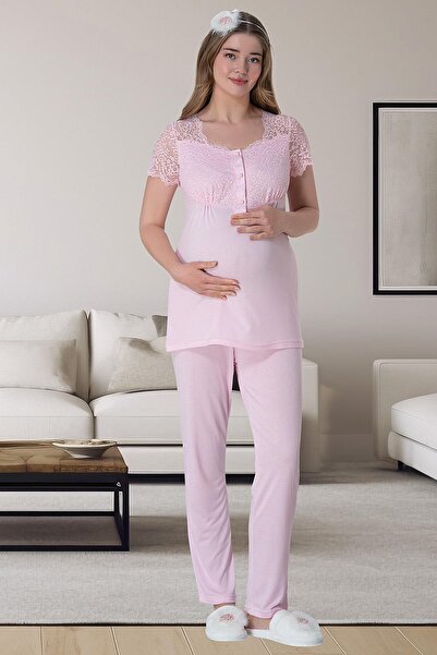 Mecit Pijama Maternity and Pregnant Pajamas Set - 4-Piece, Guipure Detailed, Morning Gowns, 75% Viscose 25% Lycra