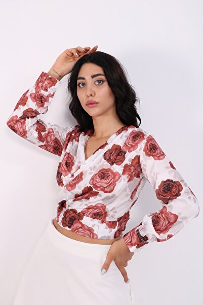 Modark Satin Blouse - Rose Patterned and Front Tie