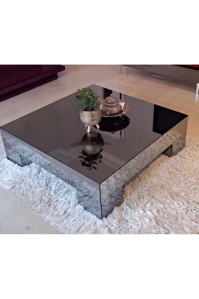 LUXURY VİLLA Luxury Füme Aynalı Orta Sehpa 90x90 Yükseklik 32cm