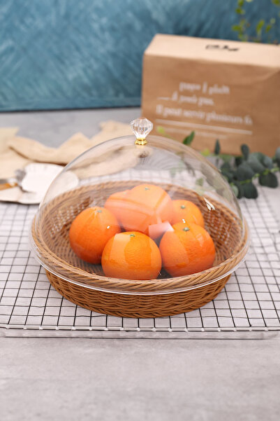 Vadi سلة خبز مستديرة من الخيزران مقاس 30 سم - سلة خبز فواكه بغطاء بلاستيكي