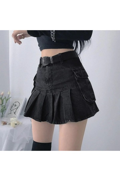 alhemengelir Siyah Retro Yıkamalı Pileli Çift Cepli Vintage Kot Etek