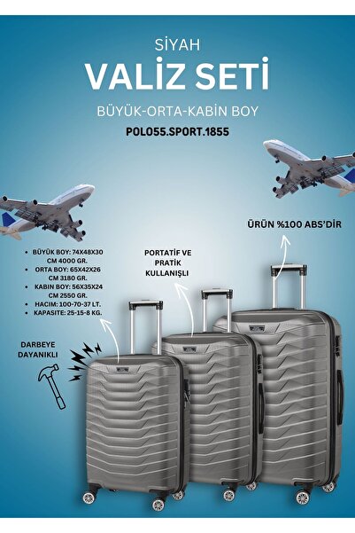 polo55.sport.1855 %100 Abs 3'lü Füme Valiz Seti (KABİN- ORTA-BÜYÜK BOY)