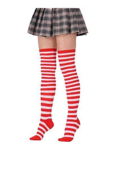 lovebox Дамски спортни чорапи над коляното от памук, червено-бели и раирани - 005