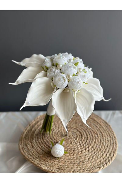 Luvienn İncili Gala Şakayık Buketi-Gala Gelin Çiçeği-Damat Yaka Çiçeği 2 li Set