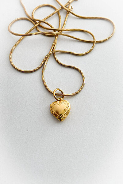 roshel Çelik Açılır İşlemeli Kalp Model Altın Renk İnce Zincir Çelik Kolye