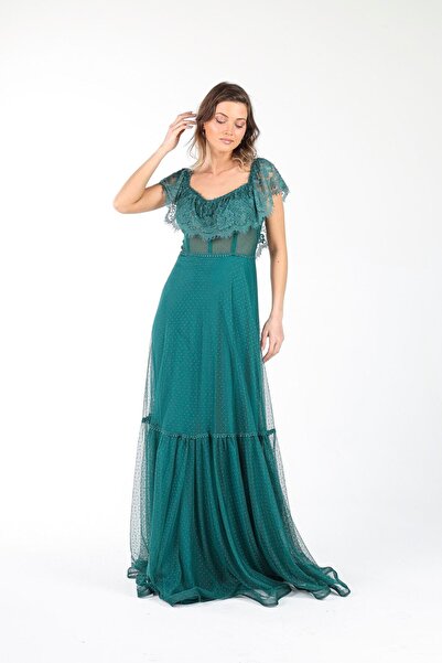 ALİS DRESS Zümrüt Rengi Dantel Detaylı Puan Tül Abiye
