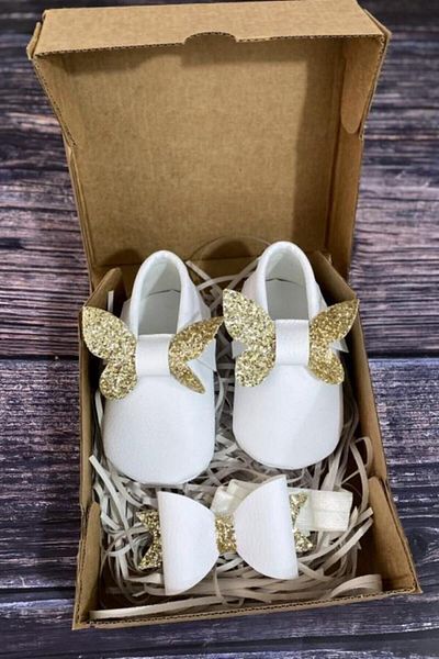 Meduza Baby Baby Moccasin White Front Gold Butterfly And Hair Bandana