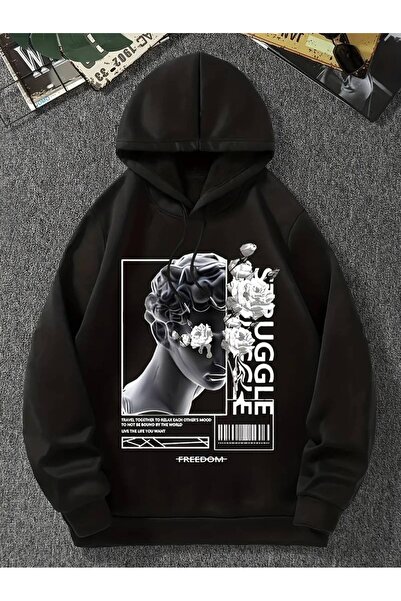 NoVibe Унисекс зимен суитшърт с качулка и принт на скулптура и цветя - 3 нишк...