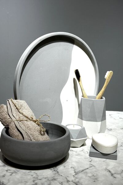 betonmall Set de toaletă de baie din beton, 5 bucăți, tavă de prezentare, suport pentru periuță de dinți, suport pentru prosoape, suport pentru lumânări, săpună solidă