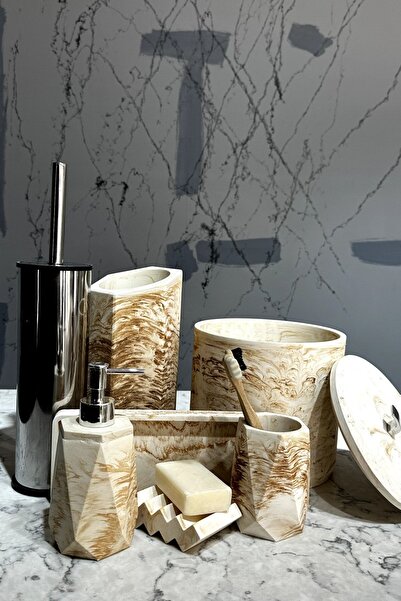 betonmall Set de baie din beton cu model de marmură, 8 bucăți, dozator de săpun lichid solid, suport pentru periuță de dinți, coș de gunoi, suport pentru perie de toaletă