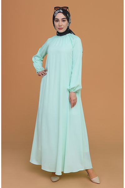 sefamerve Mint Green Gathered Sleeve and Collar Dress - 3210-08