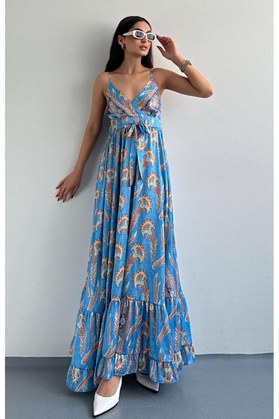laughs Rochie lungă din satin cu decolteu în V - Mască elegantă cu bretele, detaliu de legare și imprimeu cu volan