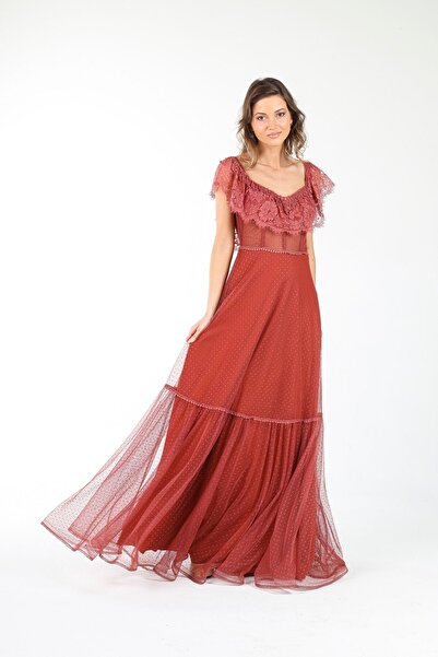 ALİS DRESS Kiremit Rengi Dantel Detaylı Puan Tül Abiye