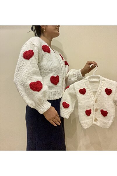 Hobihanem Tuhafiye Hand Knitted Mother Daughter Combination Heart Cardigan