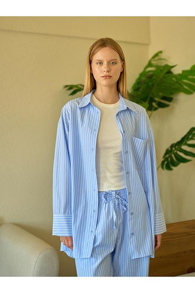 Juste Studio Cămașă Boyfriend albastră oversize din popelin cu model dungi