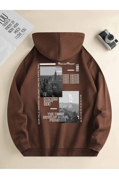 NoVibe Χειμερινό φούτερ Unisex Oversize - City and Mountain Printed, Hoodie, 100% Cotton, 3 νήματα