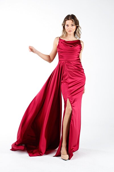 ALİS DRESS Yırtmaçlı Degaje Yaka Ip Askılı Saten Violet Abiye
