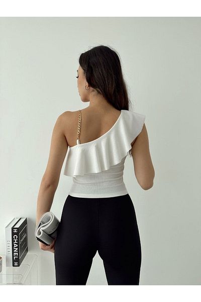 laughs Women's One Shoulder Flounce Chain Strap Camisole Crop Blouse Rd7000