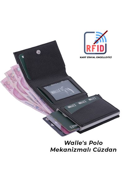 Walle's Polo Portofel unisex pentru monede și carduri, cu mecanism automat, protejat prin RFID, din piele închisă