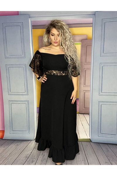 NA ADDESIGN Rochie de seara neagra marime mare, rochie neagra cu detaliu din dantela