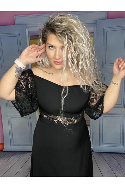 NA ADDESIGN Rochie de seara neagra marime mare, rochie neagra cu detaliu din dantela