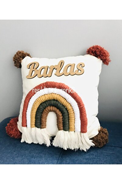 bed town yatak Isimli Makrome Gökkuşaklı Ponponlu Takı Yastığı