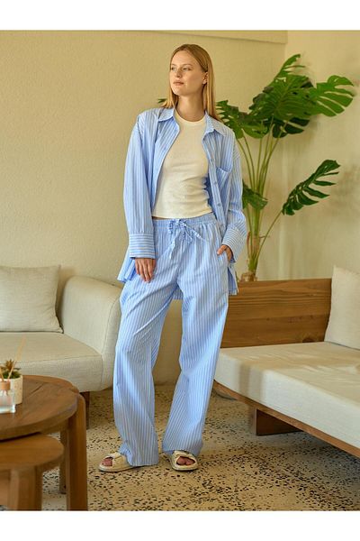 Juste Studio Pantaloni largi cu model linie albastră din popelin
