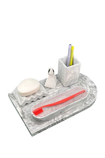 betonmall Set de baie din beton cu model de marmură, 5 bucăți, suport pentru săpun solid, suport pentru periuță de dinți, suport pentru inele, tavă de prezentare