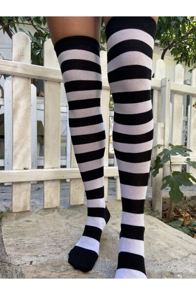 bayansepeti Women's Black White Striped Cotton Over The Knee Sports Socks