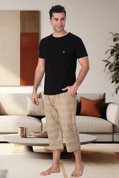 LOHOUSE Plus Size Black Plaid Summer Men's Capri Set