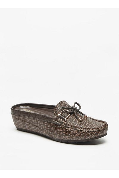 Flora Bella by Shoexpress Flora Bella Logo Print Slip On Mules with Wedge Heels and Bow Accent