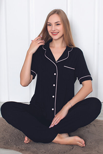 ZMT Collection طقم بيجامة ليكرا بأكمام قصيرة باللون الأسود والوردي - جيب وأزرار