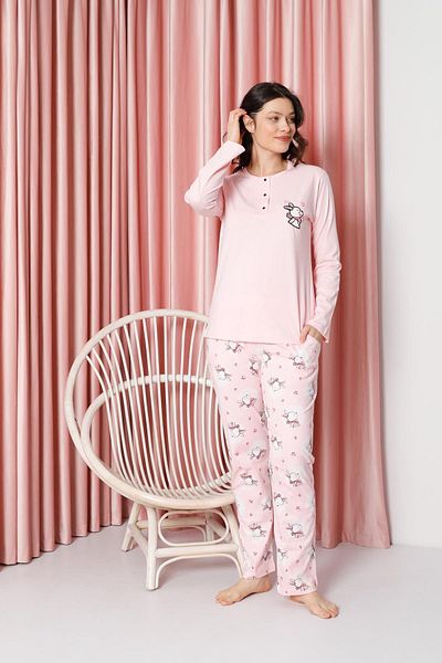 AHENGİM Rabbit Patterned Cotton Single Jersey Women's Pajama Set - Long Sleeve