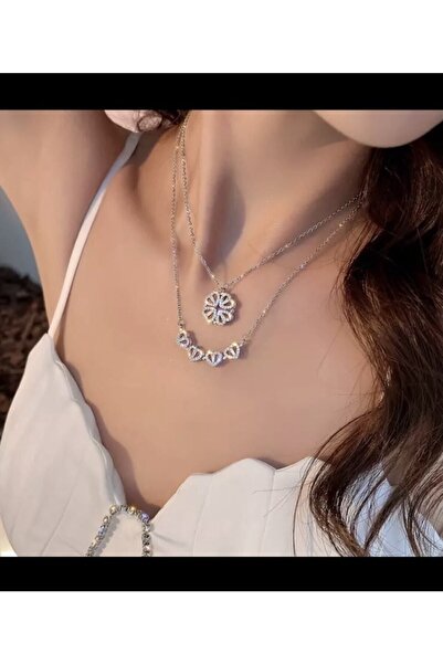 passion silver Baget Taşlı Kalp Yonca Açılabilir Gümüş Kaplama Kadın Kolye