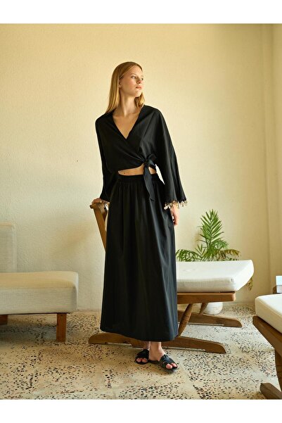 Juste Studio Fusta neagră din in elastic cu talie înaltă