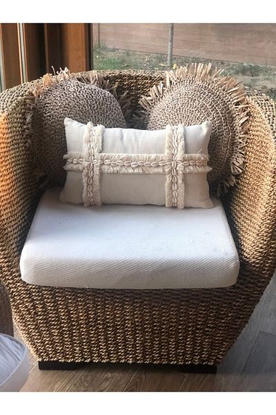sevaradekor Linen Sea Shell Embroidered Tasseled Bohemian Cream Handmade Pillow Cushion Cover Summer Collection Solo