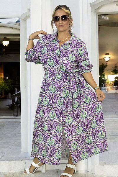 yagmurberen Extra Plus Size - Βαμβακερό φόρεμα βισκόζης με μακρύ μανίκι, ζώνη και τσέπες, σάλι και κουμπί μπροστά